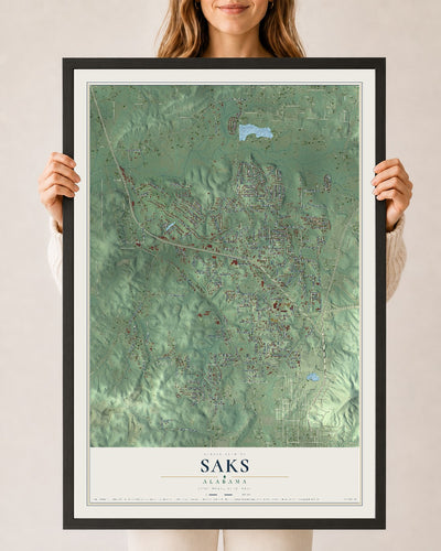Map of Saks, Alabama, 24 x 36 inch print in a black wood frame