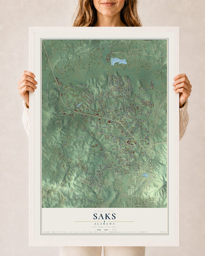Map of Saks, Alabama, 24 x 36 inch print in a white wood frame