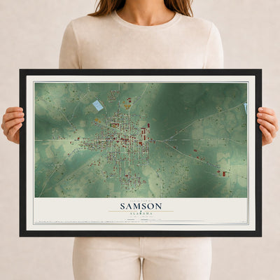 Map of Samson, Alabama, 12 x 18 inch print in a black wood frame