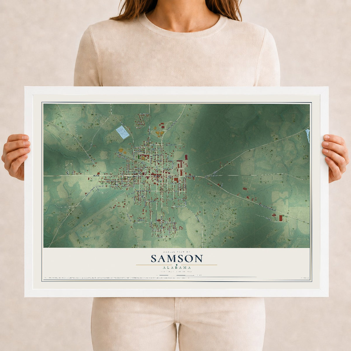 Map of Samson, Alabama, 12 x 18 inch print in a white wood frame