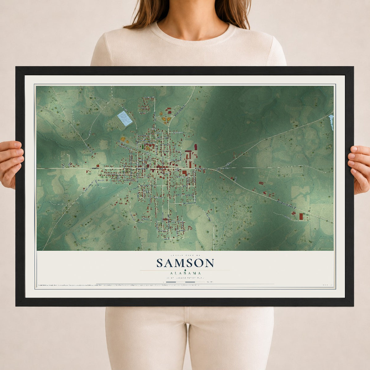 Map of Samson, Alabama, 18 x 24 inch print in a black wood frame