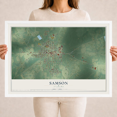Map of Samson, Alabama, 18 x 24 inch print in a white wood frame