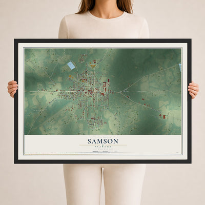 Map of Samson, Alabama, 24 x 36 inch print in a black wood frame
