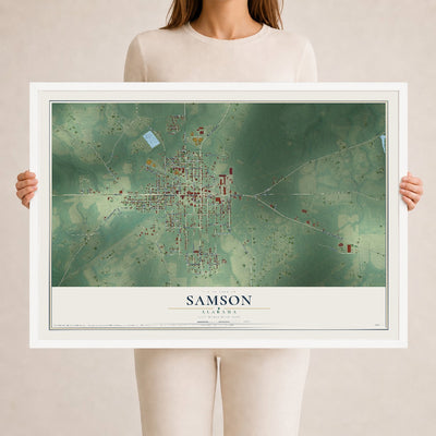 Map of Samson, Alabama, 24 x 36 inch print in a white wood frame