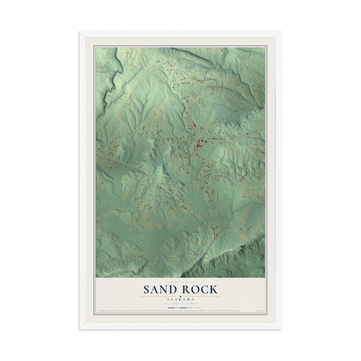 Map of Sand Rock, Alabama, 12 x 18 inch print in a white wood frame