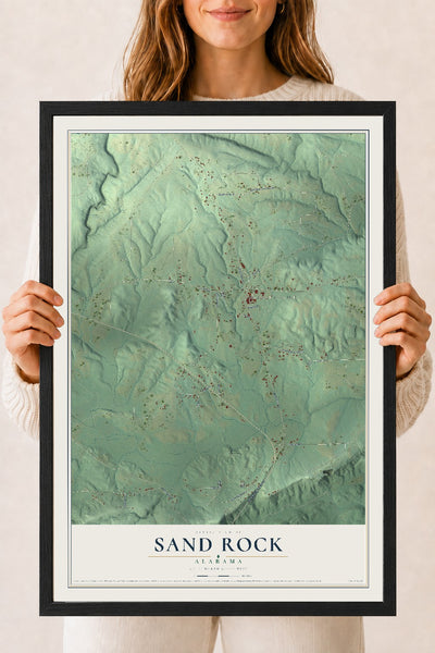 Map of Sand Rock, Alabama, 18 x 24 inch print in a black wood frame