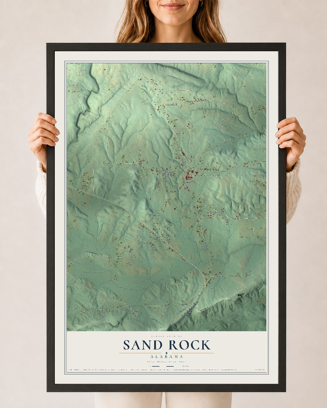 Map of Sand Rock, Alabama, 24 x 36 inch print in a black wood frame
