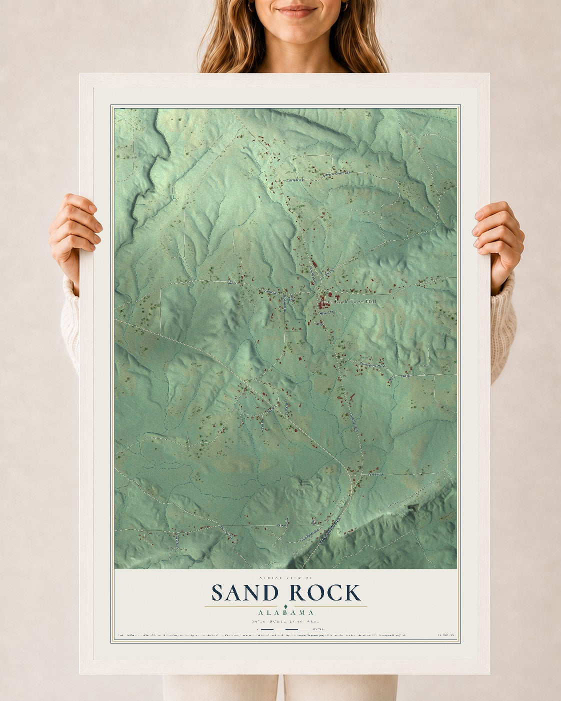 Map of Sand Rock, Alabama, 24 x 36 inch print in a white wood frame