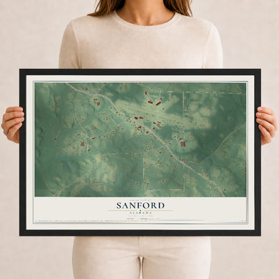 Map of Sanford, Alabama, 12 x 18 inch print in a black wood frame