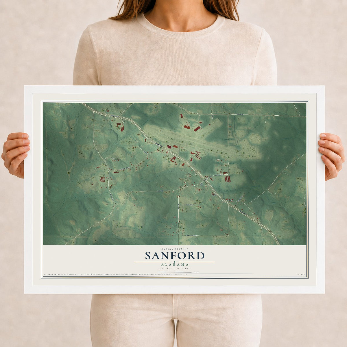 Map of Sanford, Alabama, 12 x 18 inch print in a white wood frame
