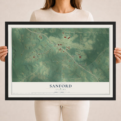 Map of Sanford, Alabama, 18 x 24 inch print in a black wood frame