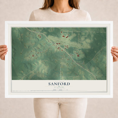 Map of Sanford, Alabama, 18 x 24 inch print in a white wood frame
