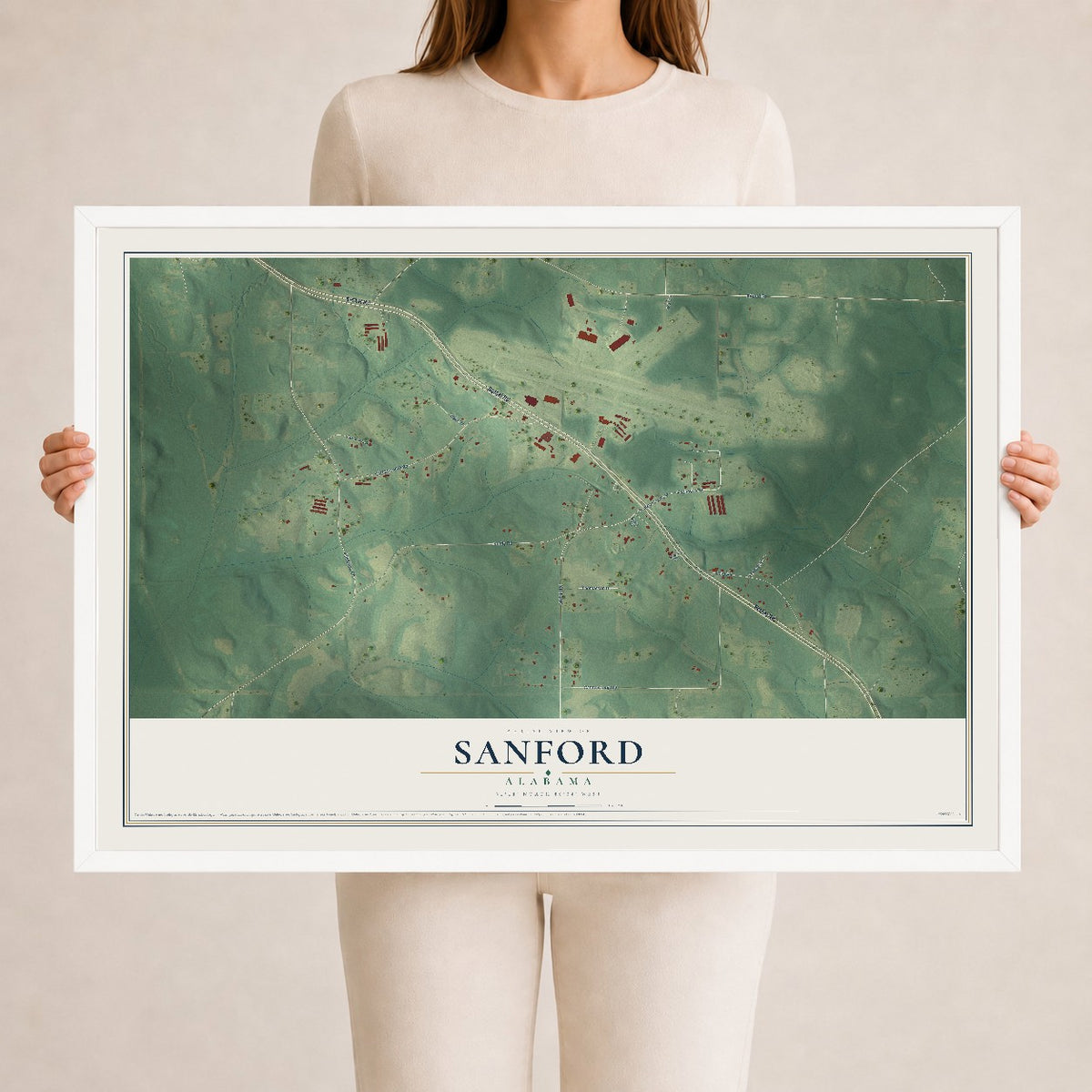 Map of Sanford, Alabama, 24 x 36 inch print in a white wood frame