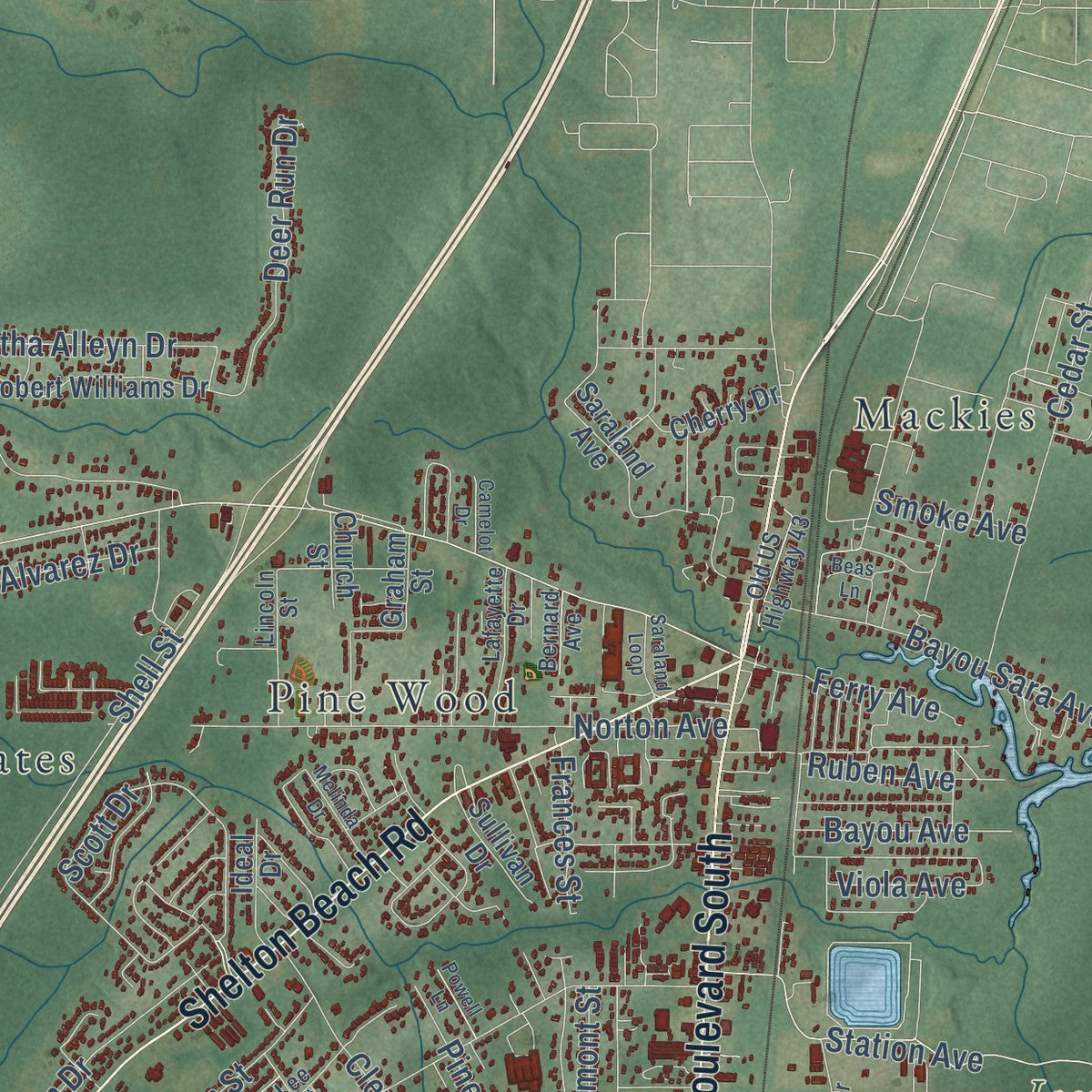 Close-up of the map of Saraland, Alabama print showing street and building detail