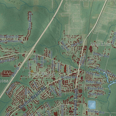 Close-up of the map of Saraland, Alabama print showing street and building detail