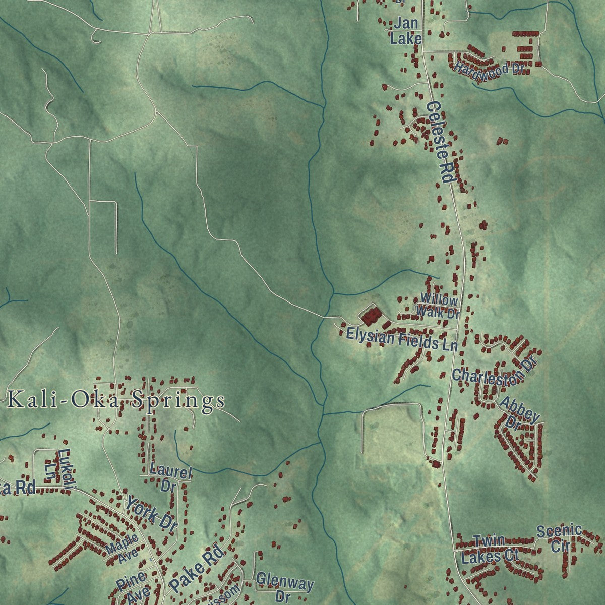 Second close-up of the map of Saraland, Alabama print showing more streets and buildings