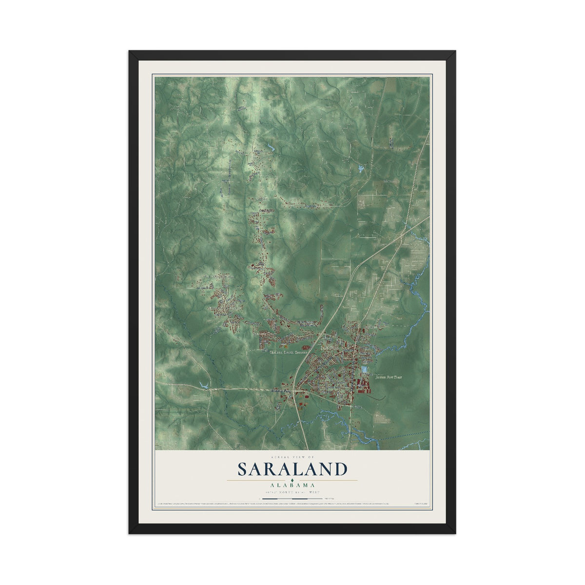 Map of Saraland, Alabama, 12 x 18 inch print in a black wood frame
