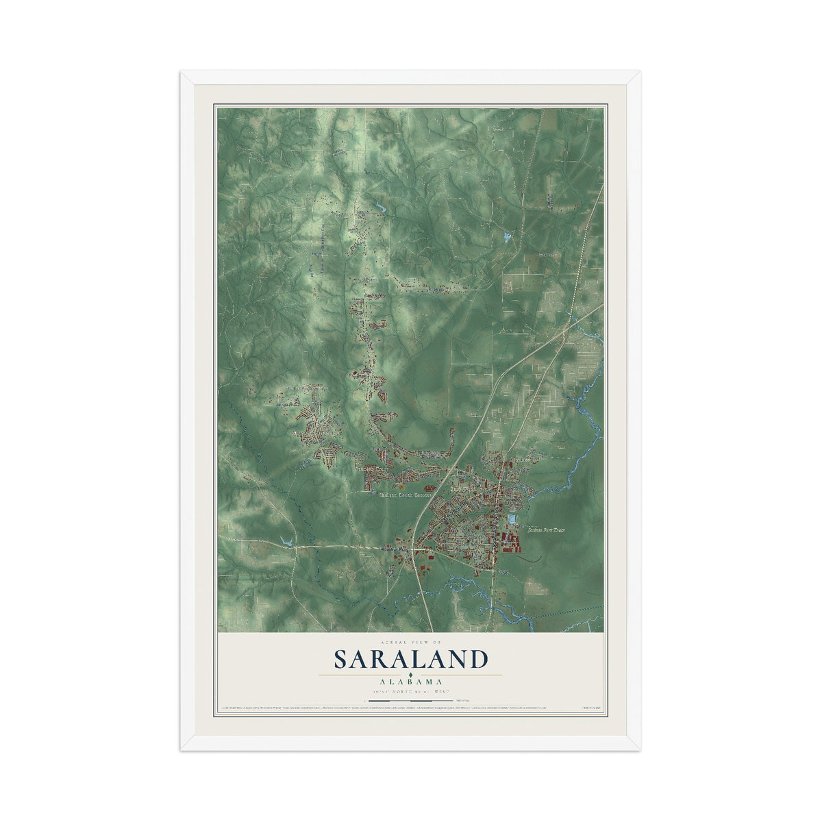 Map of Saraland, Alabama, 12 x 18 inch print in a white wood frame