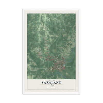 Map of Saraland, Alabama, 12 x 18 inch print in a white wood frame