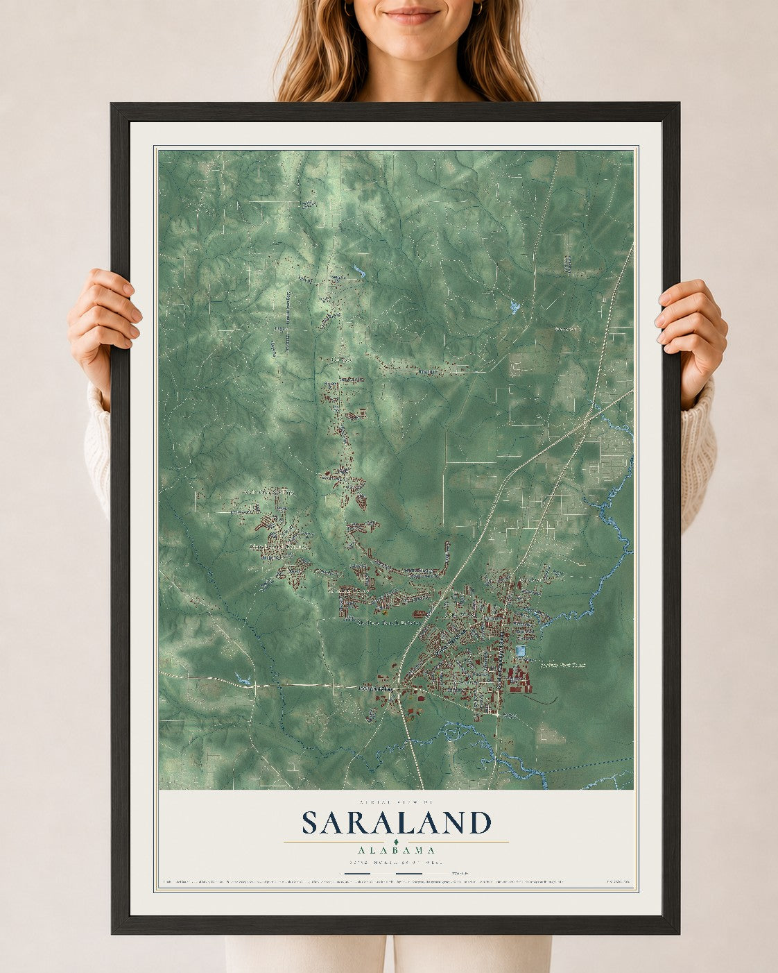 Map of Saraland, Alabama, 24 x 36 inch print in a black wood frame