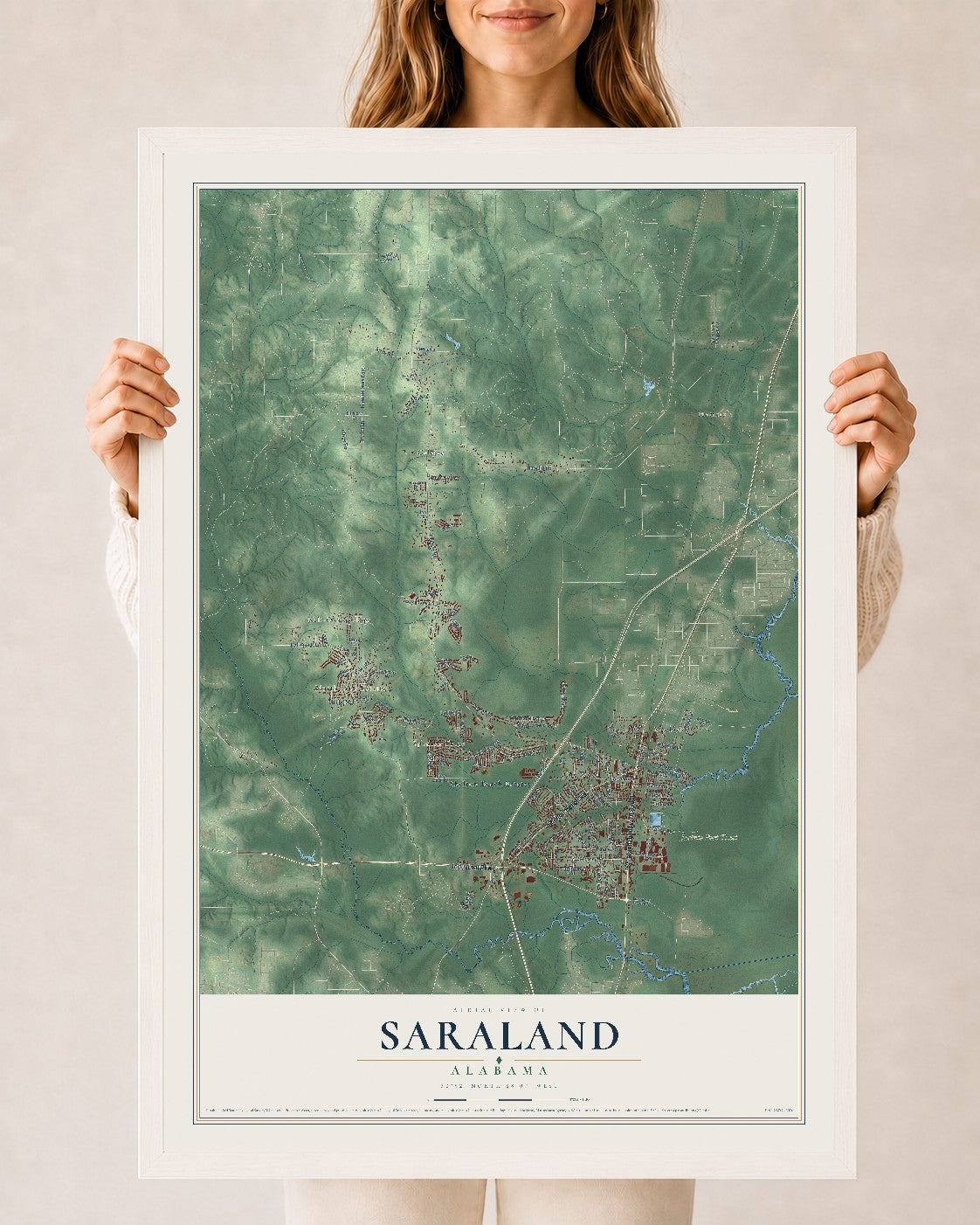 Map of Saraland, Alabama, 24 x 36 inch print in a white wood frame