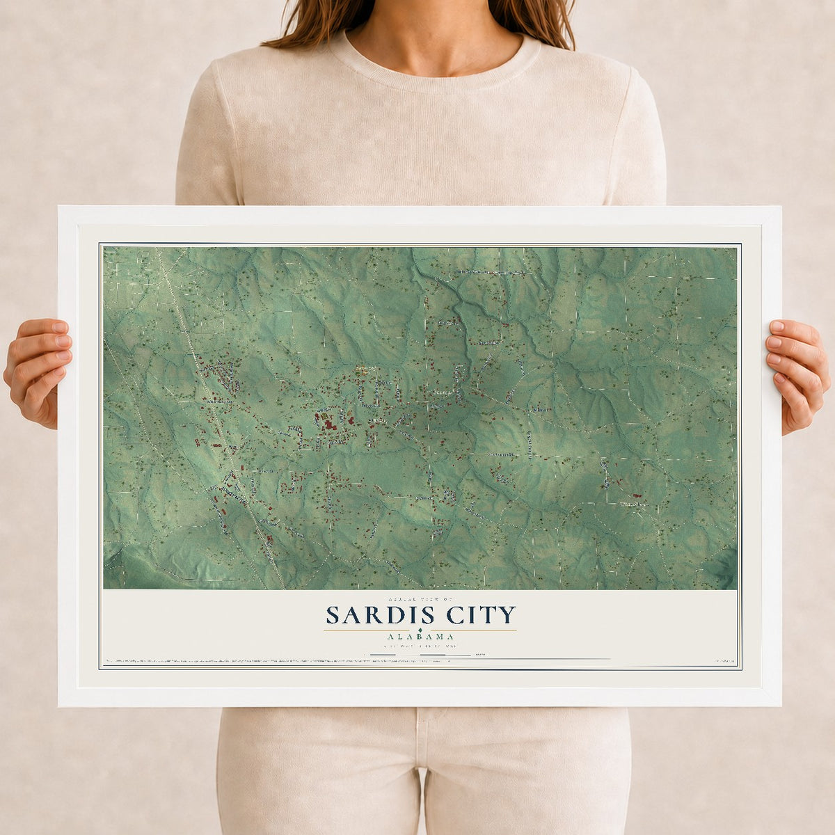 Map of Sardis City, Alabama, 12 x 18 inch print in a white wood frame