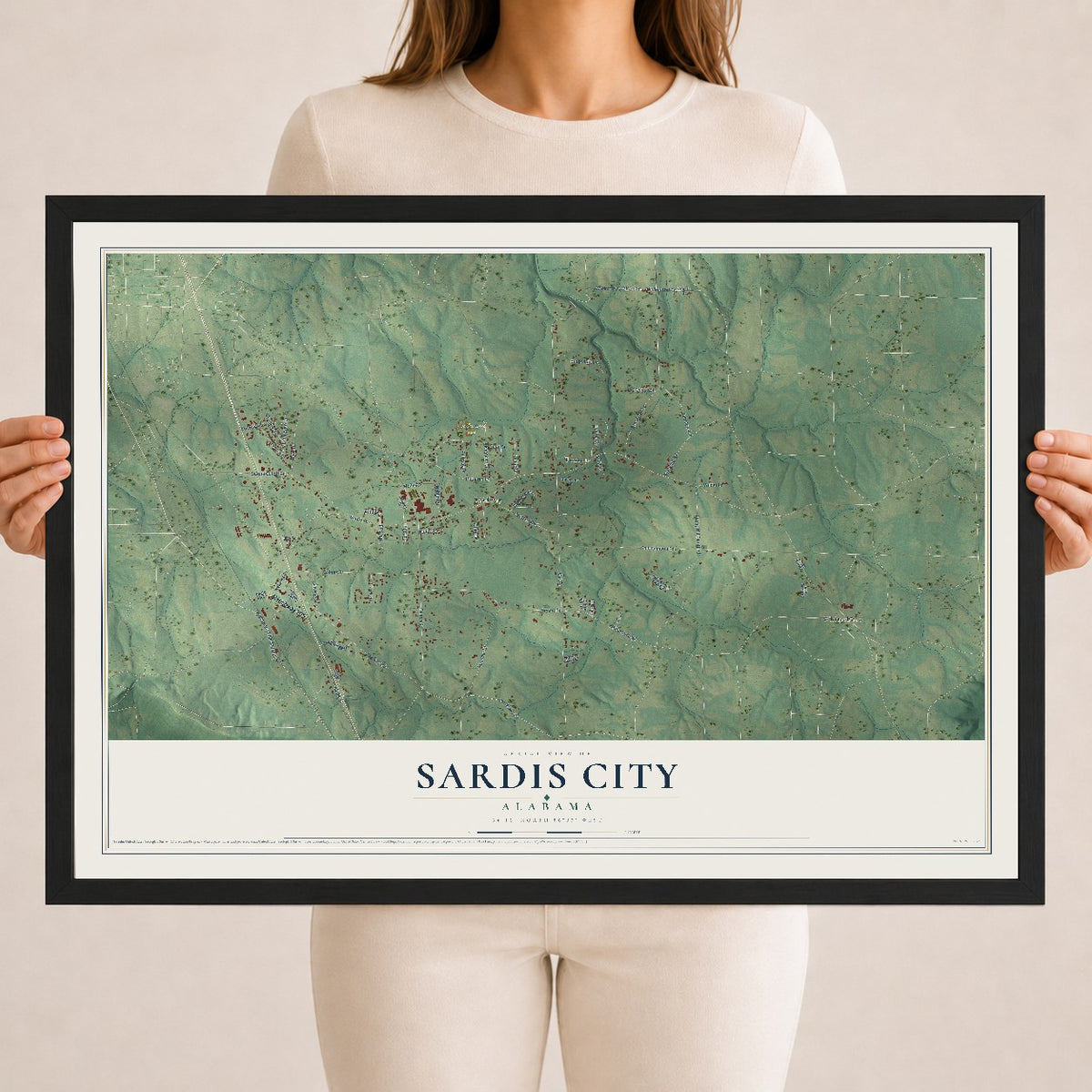 Map of Sardis City, Alabama, 18 x 24 inch print in a black wood frame