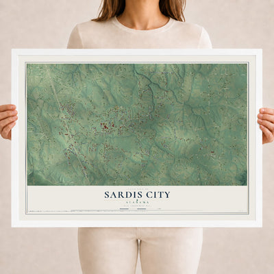 Map of Sardis City, Alabama, 18 x 24 inch print in a white wood frame