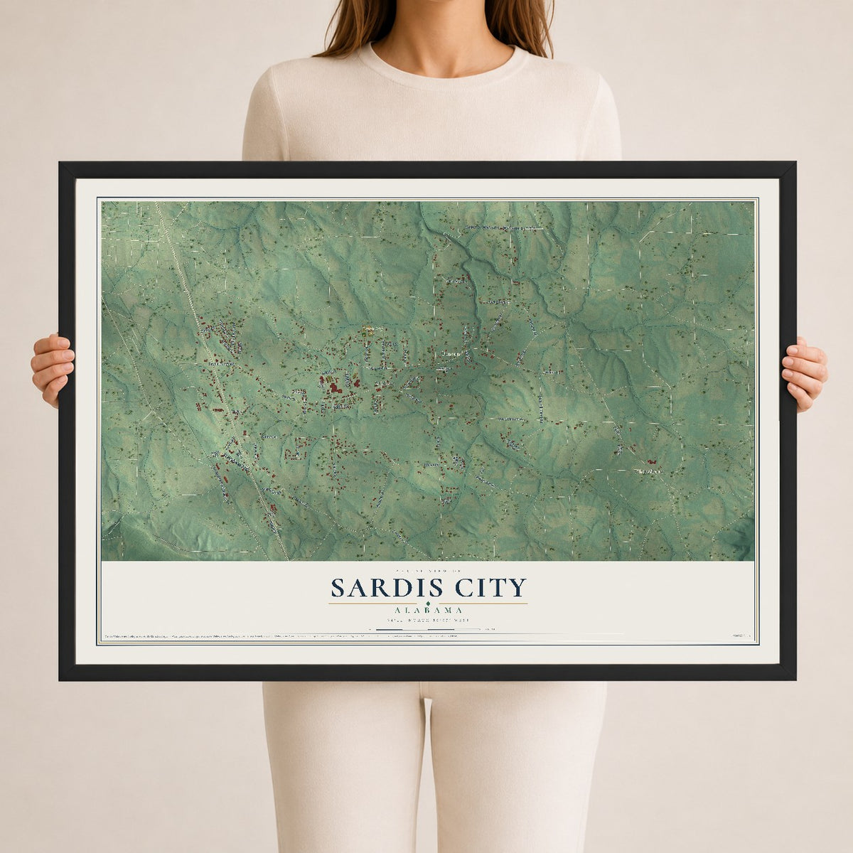 Map of Sardis City, Alabama, 24 x 36 inch print in a black wood frame