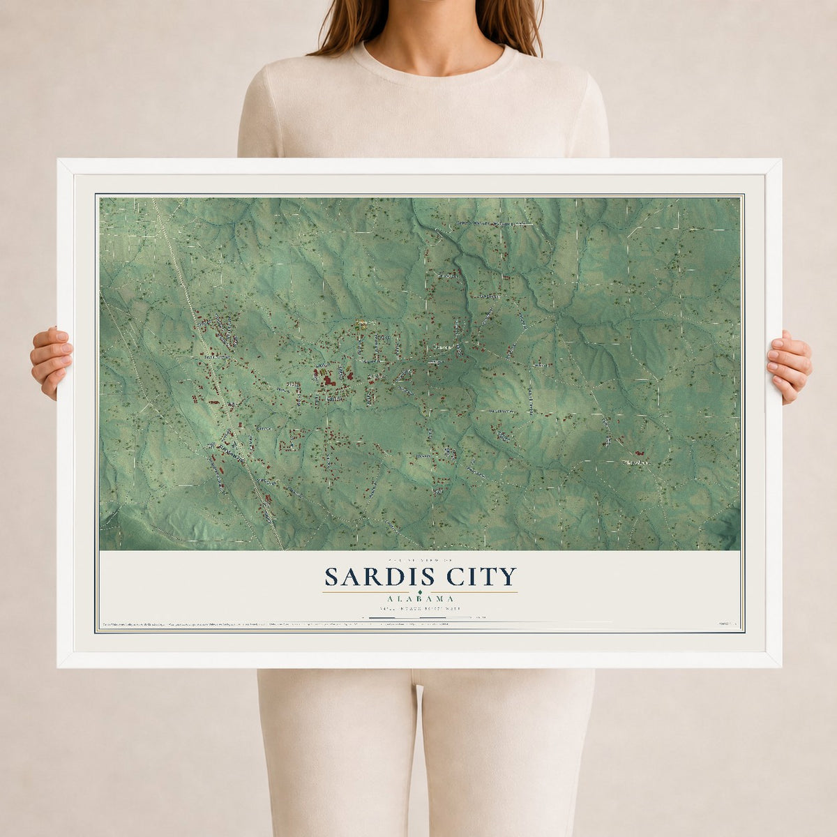 Map of Sardis City, Alabama, 24 x 36 inch print in a white wood frame