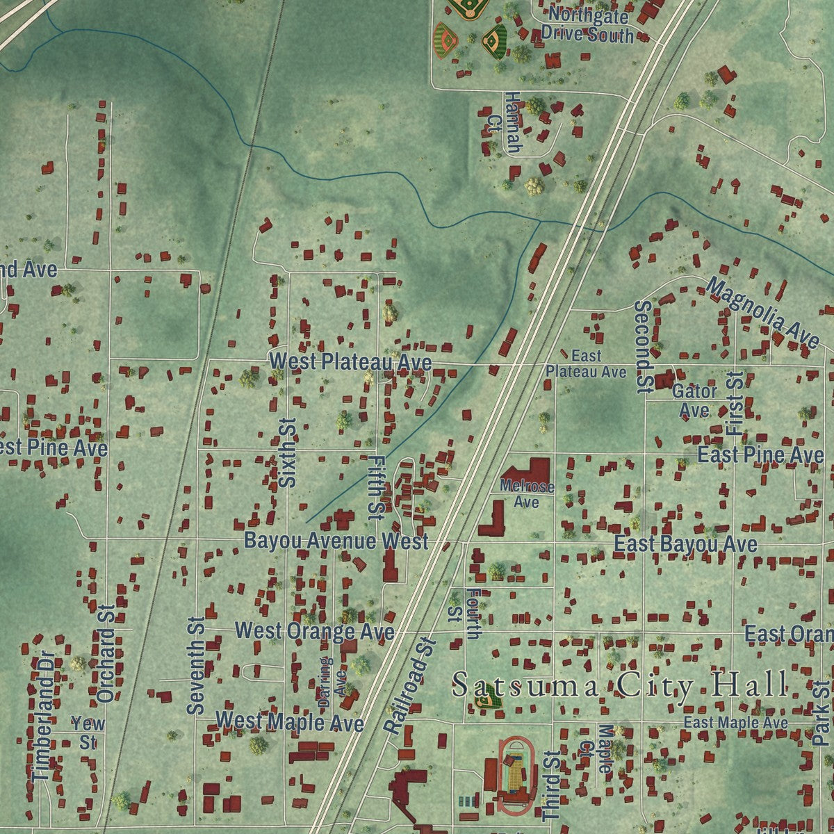 Close-up of the map of Satsuma, Alabama print showing street and building detail