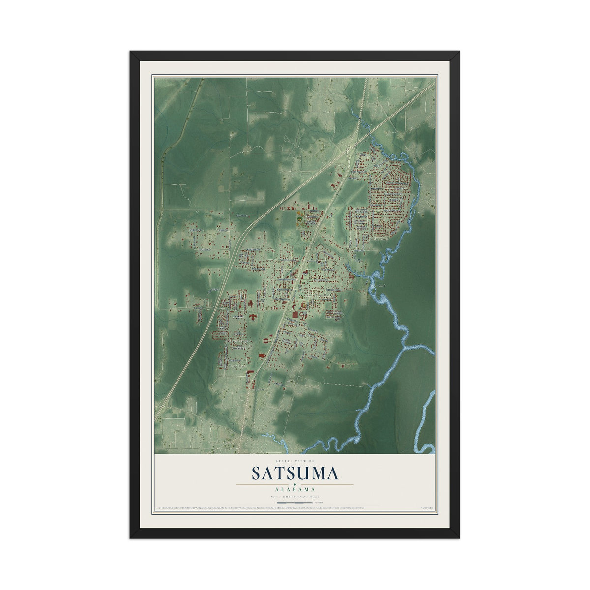Map of Satsuma, Alabama, 12 x 18 inch print in a black wood frame