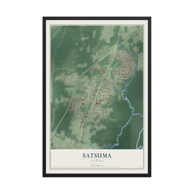 Map of Satsuma, Alabama, 12 x 18 inch print in a black wood frame