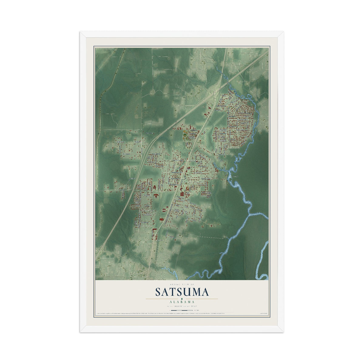 Map of Satsuma, Alabama, 12 x 18 inch print in a white wood frame