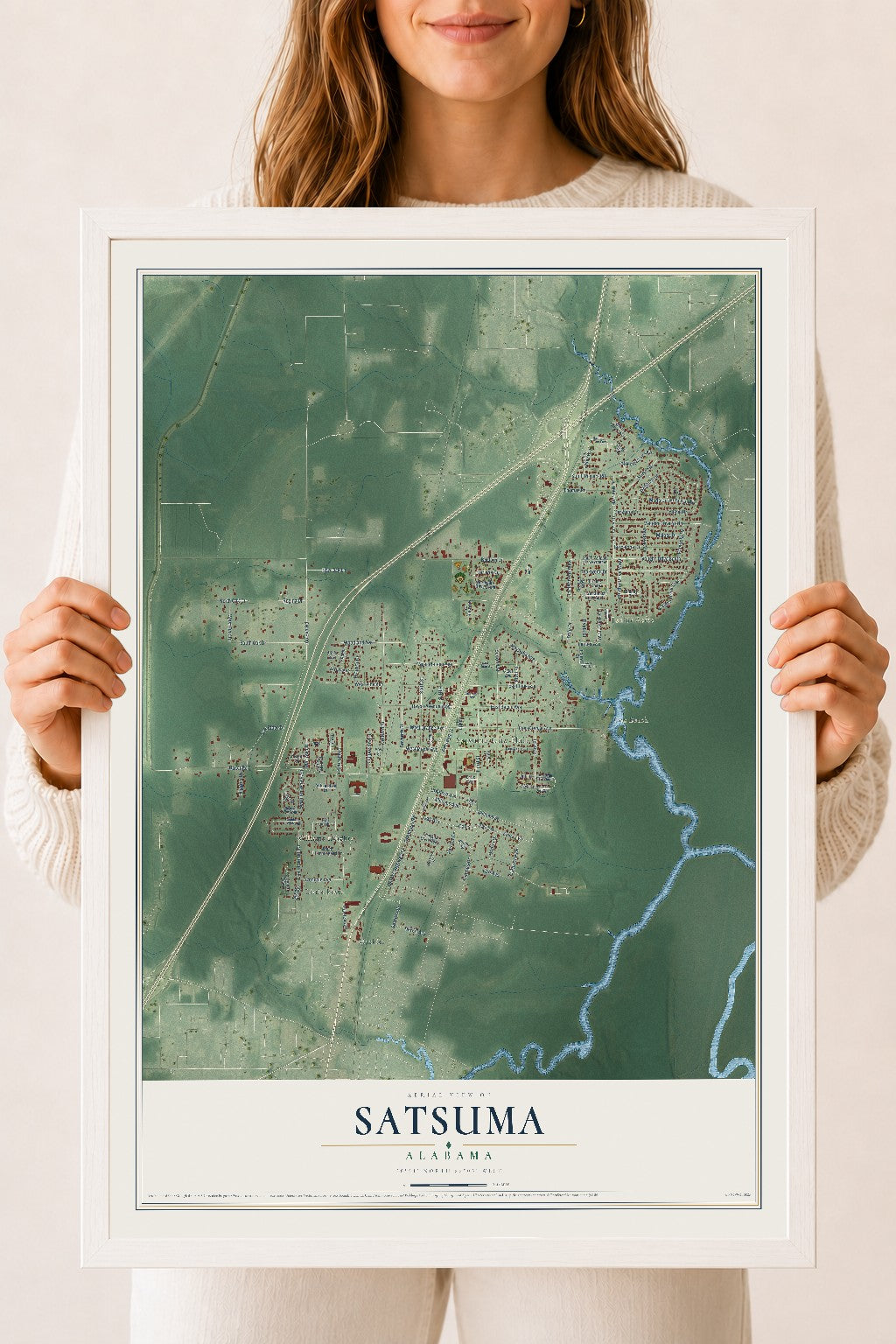 Map of Satsuma, Alabama, 18 x 24 inch print in a white wood frame
