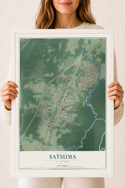 Map of Satsuma, Alabama, 18 x 24 inch print in a white wood frame
