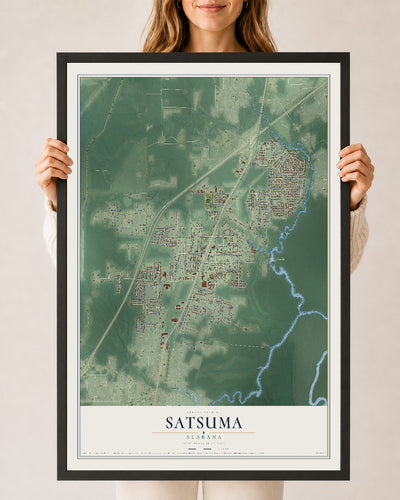 Map of Satsuma, Alabama, 24 x 36 inch print in a black wood frame