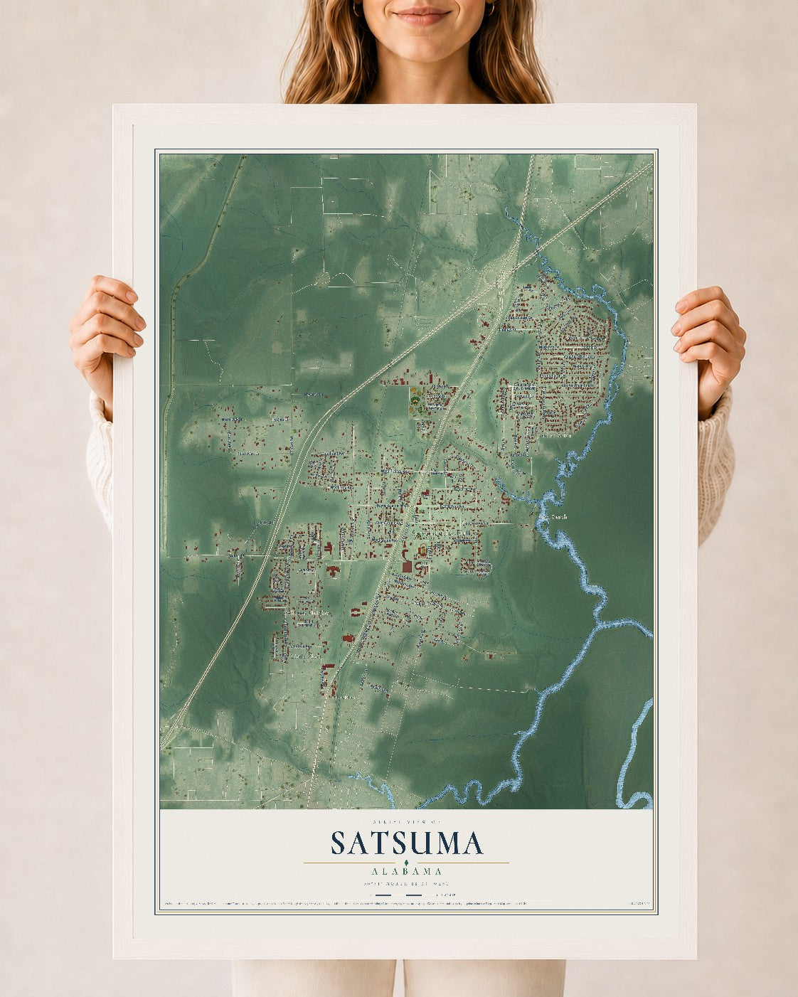 Map of Satsuma, Alabama, 24 x 36 inch print in a white wood frame