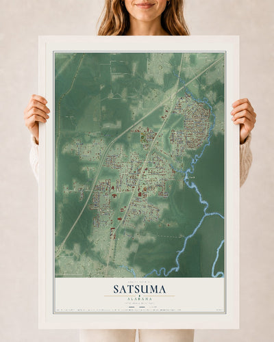 Map of Satsuma, Alabama, 24 x 36 inch print in a white wood frame