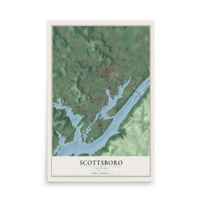 Map of Scottsboro, Alabama, 12 x 18 inch unframed archival matte print