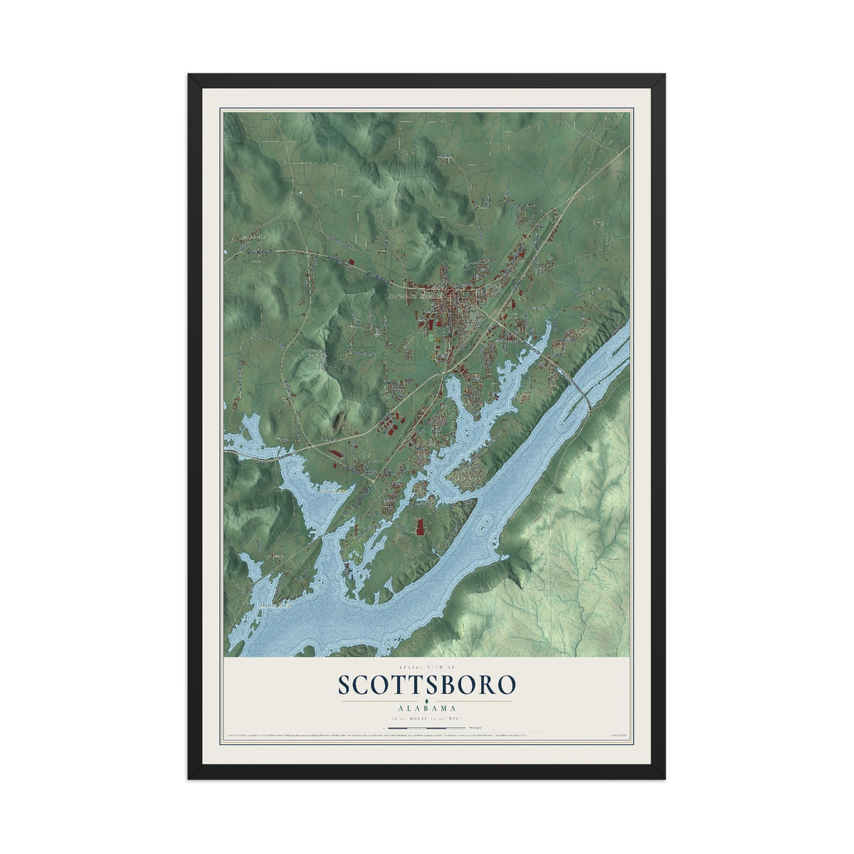 Map of Scottsboro, Alabama, 12 x 18 inch print in a black wood frame