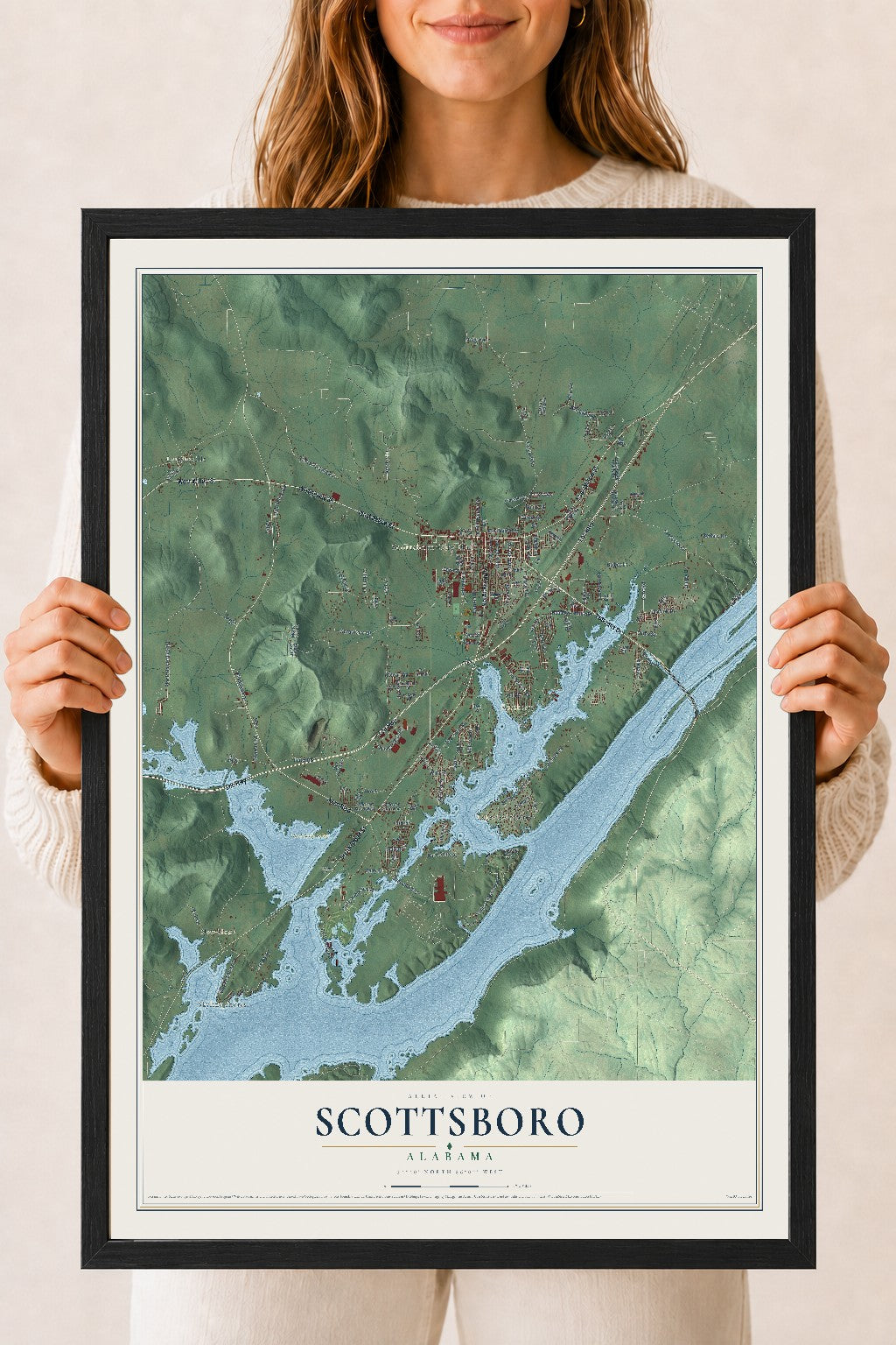 Map of Scottsboro, Alabama, 18 x 24 inch print in a black wood frame