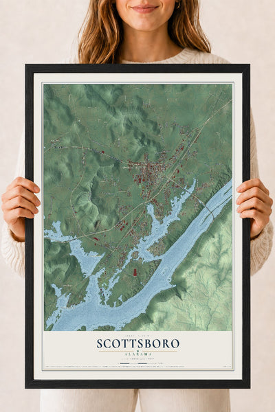Map of Scottsboro, Alabama, 18 x 24 inch print in a black wood frame