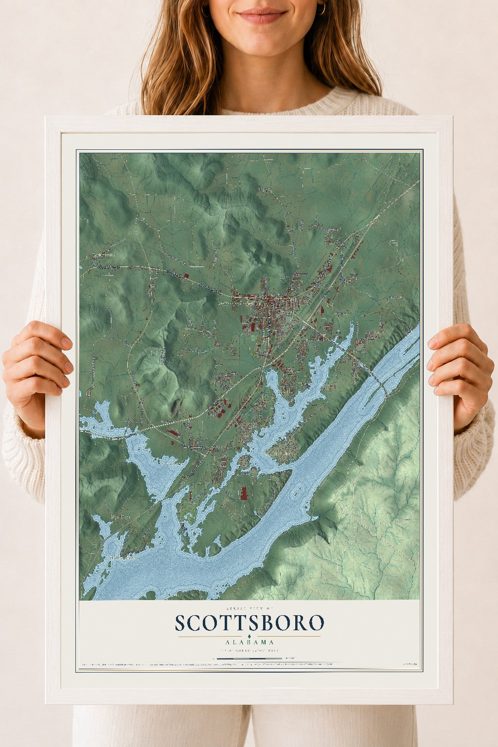 Map of Scottsboro, Alabama, 18 x 24 inch print in a white wood frame