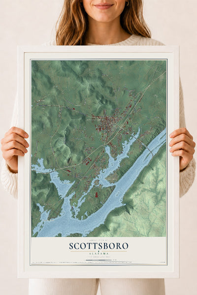 Map of Scottsboro, Alabama, 18 x 24 inch print in a white wood frame