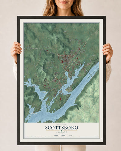 Map of Scottsboro, Alabama, 24 x 36 inch print in a black wood frame