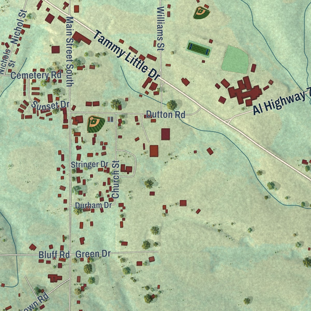 Close-up of the map of Section, Alabama print showing street and building detail