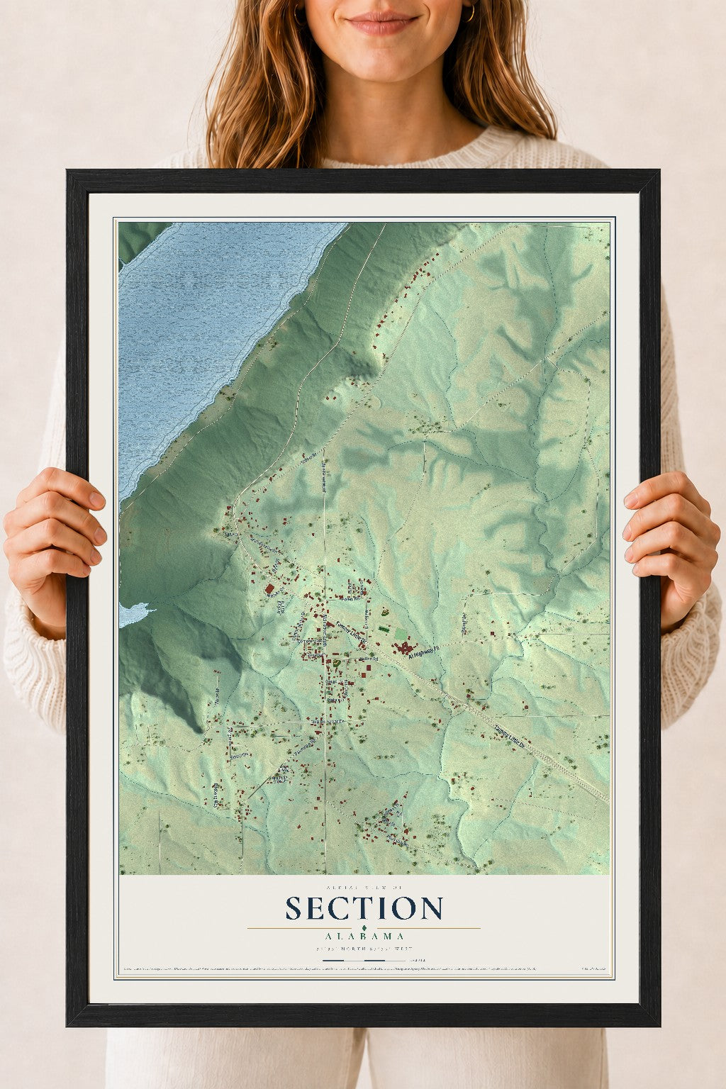 Map of Section, Alabama, 18 x 24 inch print in a black wood frame