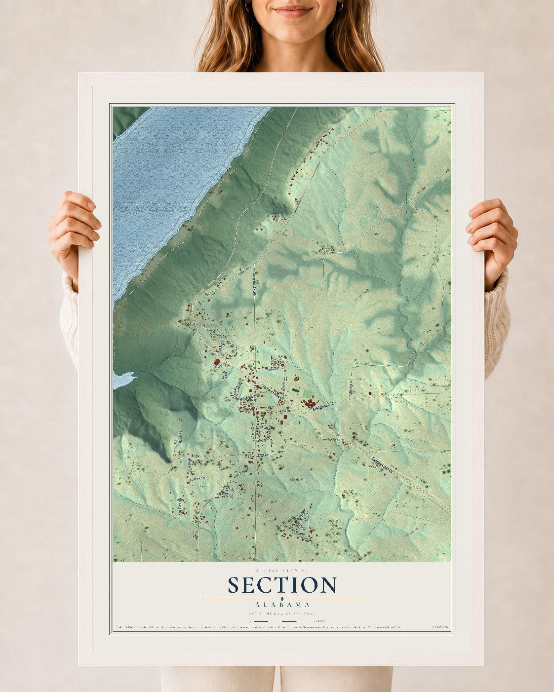 Map of Section, Alabama, 24 x 36 inch print in a white wood frame