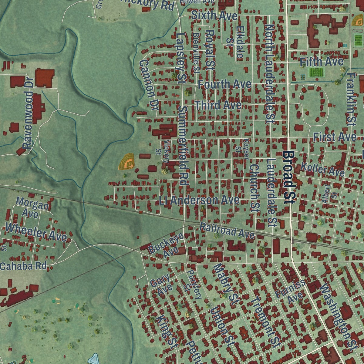 Close-up of the map of Selma, Alabama print showing street and building detail